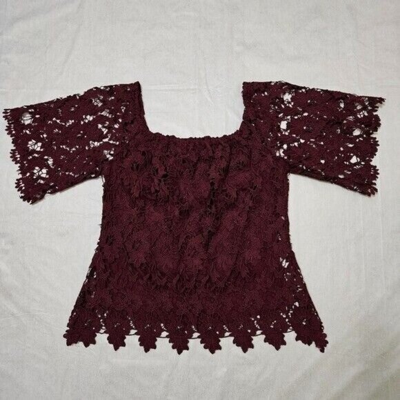 Astars Top Womens XS Burgundy Lace Lined Off Shoulder Floral Stretch Coquette - Picture 1 of 10